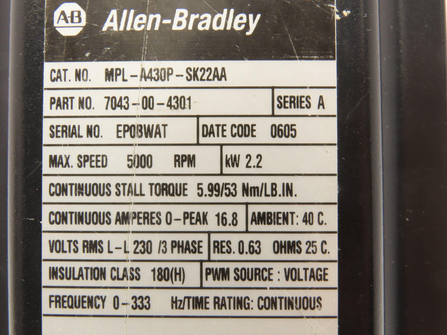 Allen Bradley MPL-A430P-SK22AA AC Servo Motor 2.2kw 5000 RPM 230V 3PH Ser A