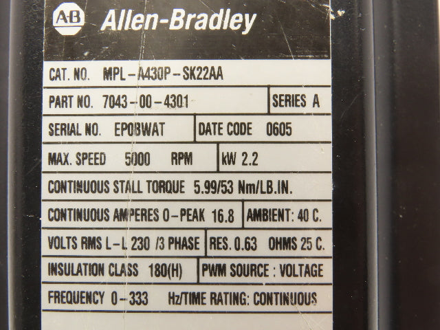 Allen Bradley MPL-A430P-SK22AA AC Servo Motor 2.2kw 5000 RPM 230V 3PH Ser A