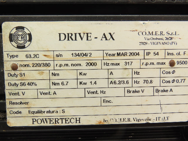 CO.M.E.R Powertech Drive AX 63.2C AC Servo Motor 1.4kw 2000 RPM 220/380V 3PH