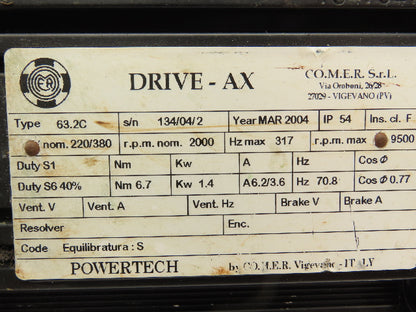 CO.M.E.R Powertech Drive AX 63.2C AC Servo Motor 1.4kw 2000 RPM 220/380V 3PH