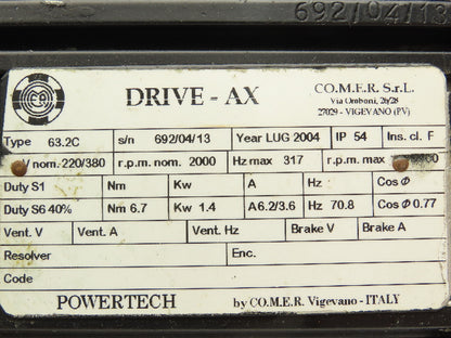 CO.M.E.R Powertech Drive AX 63.2C AC Servo Motor 220/380V 3PH  -Loud Shaft-