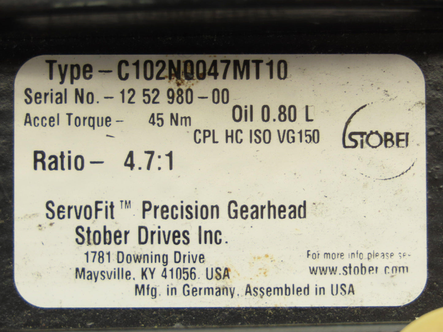 Stober C102N0047MT10 Servo Gearhead 4.7:1 Reducer Inline Gearbox MT10 Foot Mount