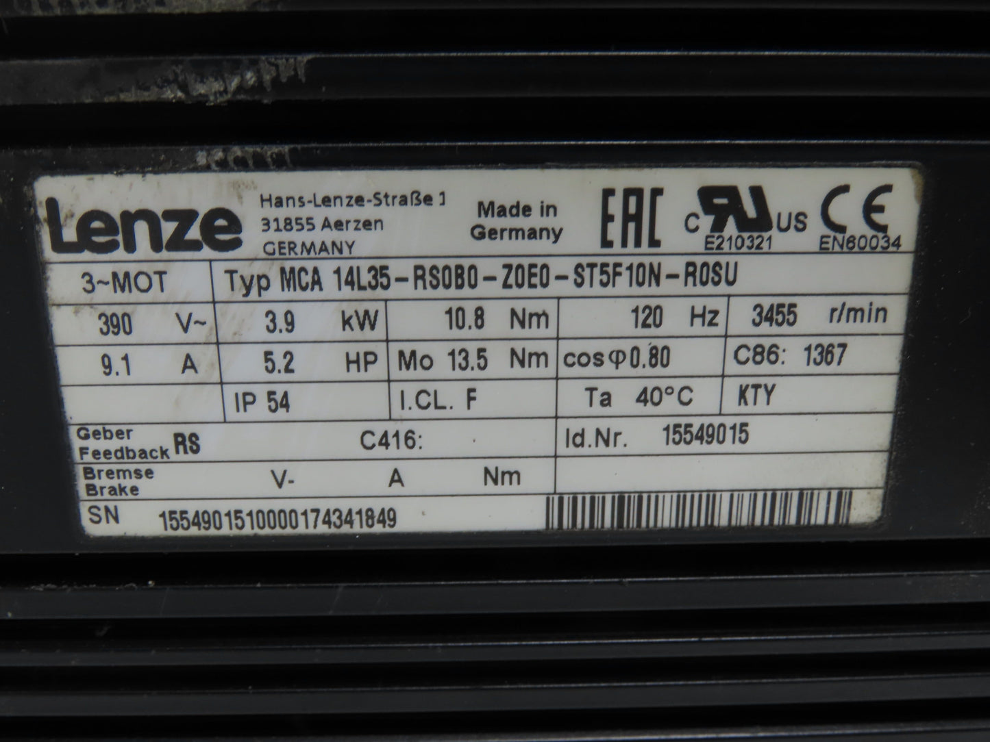 Lenze MCA 14L35-RS0B0 Servo Gear Motor 5.2Hp 390V 190rpm 18:1 Hollow Shaft GFL06