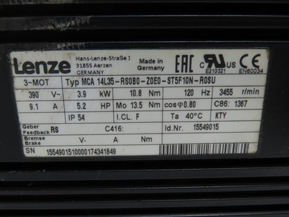Lenze MCA 14L35-RS0B0 Servo Gear Motor 5.2Hp 390V 190rpm 18:1 Hollow Shaft GFL06