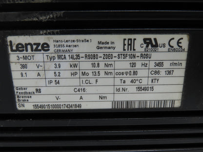 Lenze MCA 14L35-RS0B0 Servo Gear Motor 5.2Hp 390V 190rpm 18:1 Hollow Shaft GFL06