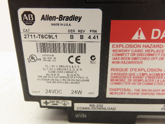 Allen Bradley 2711-T6C9L1 PanelView 600 Touch Screen PLC HMI Ser/Rev B Frn 4.41