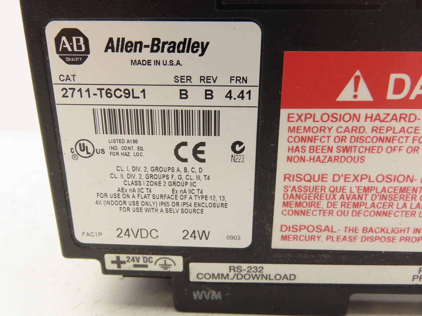 Allen Bradley 2711-T6C9L1 PanelView 600 Touch Screen PLC HMI Ser/Rev B Frn 4.41