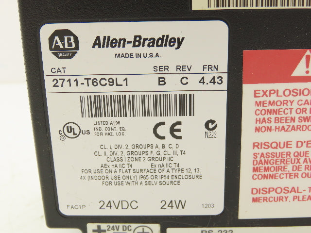 Allen Bradley 2711-T6C9L1 PanelView 600 Touch Screen PLC HMI SerB RevC Frn 4.43