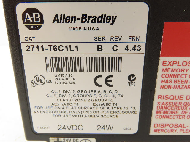 Allen Bradley 2711-T6C1L1 PanelView 600 Touch Screen PLC HMI SerB RevC Frn 4.43