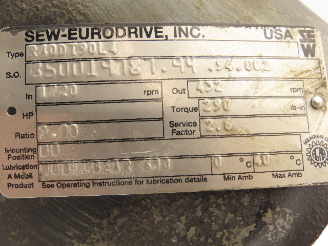Sew Eurodrive R40DT90L4 Inline Gearbox 3.98:1 Reducer 432 RPM IEC 90L Foot Mount