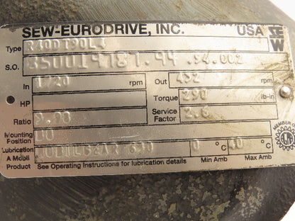 Sew Eurodrive R40DT90L4 Inline Gearbox 3.98:1 Reducer 432 RPM IEC 90L Foot Mount