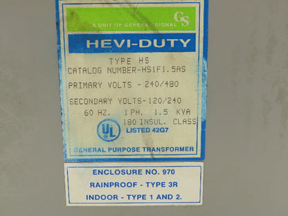 Hevi Duty HS1F1.5AS Stepdown Transformer 1.5kVA 1Ph HV 240/480v LV 120/240v