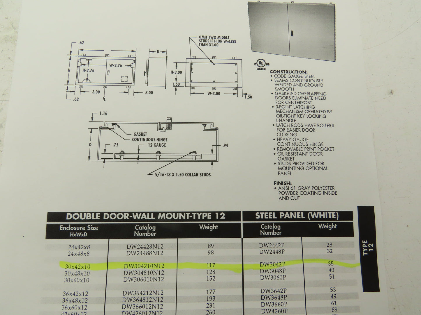 E-Box DW304210N12 Electrical Enclosure Wall Mount Dual Door 30x42x10" 40A Switch