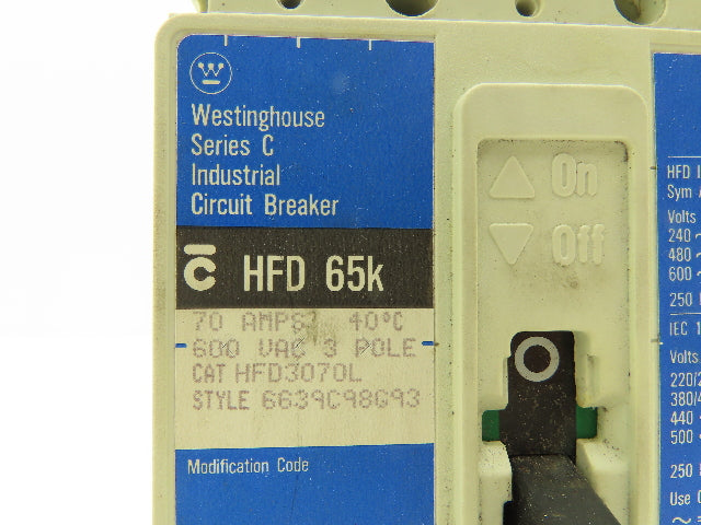 Westinghouse HFD3070L HFD 65k Circuit Breaker 70A 3 Pole 600V
