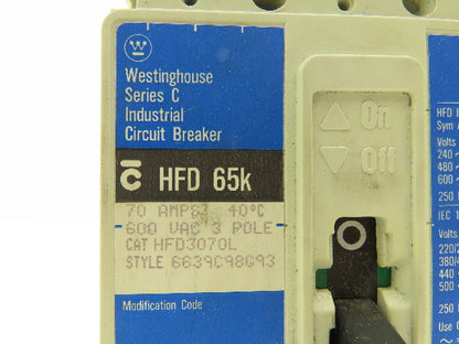 Westinghouse HFD3070L HFD 65k Circuit Breaker 70A 3 Pole 600V