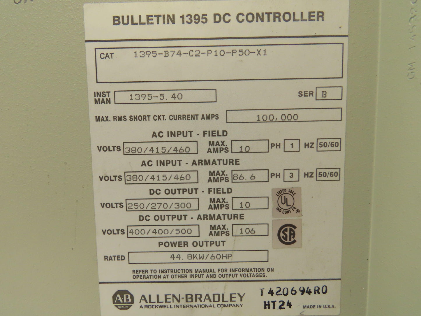 Allen Bradley 1395-B74-C2-P10-P50-X1 DC Controller Drive 60HP 500VDC 106A Ser B