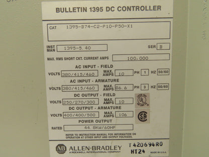 Allen Bradley 1395-B74-C2-P10-P50-X1 DC Controller Drive 60HP 500VDC 106A Ser B