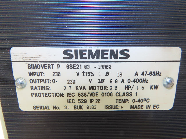 Siemens Simovert P 6SE21 Inverter Drive 0-400Hz 0-230VAC 3PH 6.8A 2HP