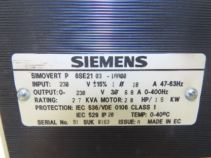 Siemens Simovert P 6SE21 Inverter Drive 0-400Hz 0-230VAC 3PH 6.8A 2HP