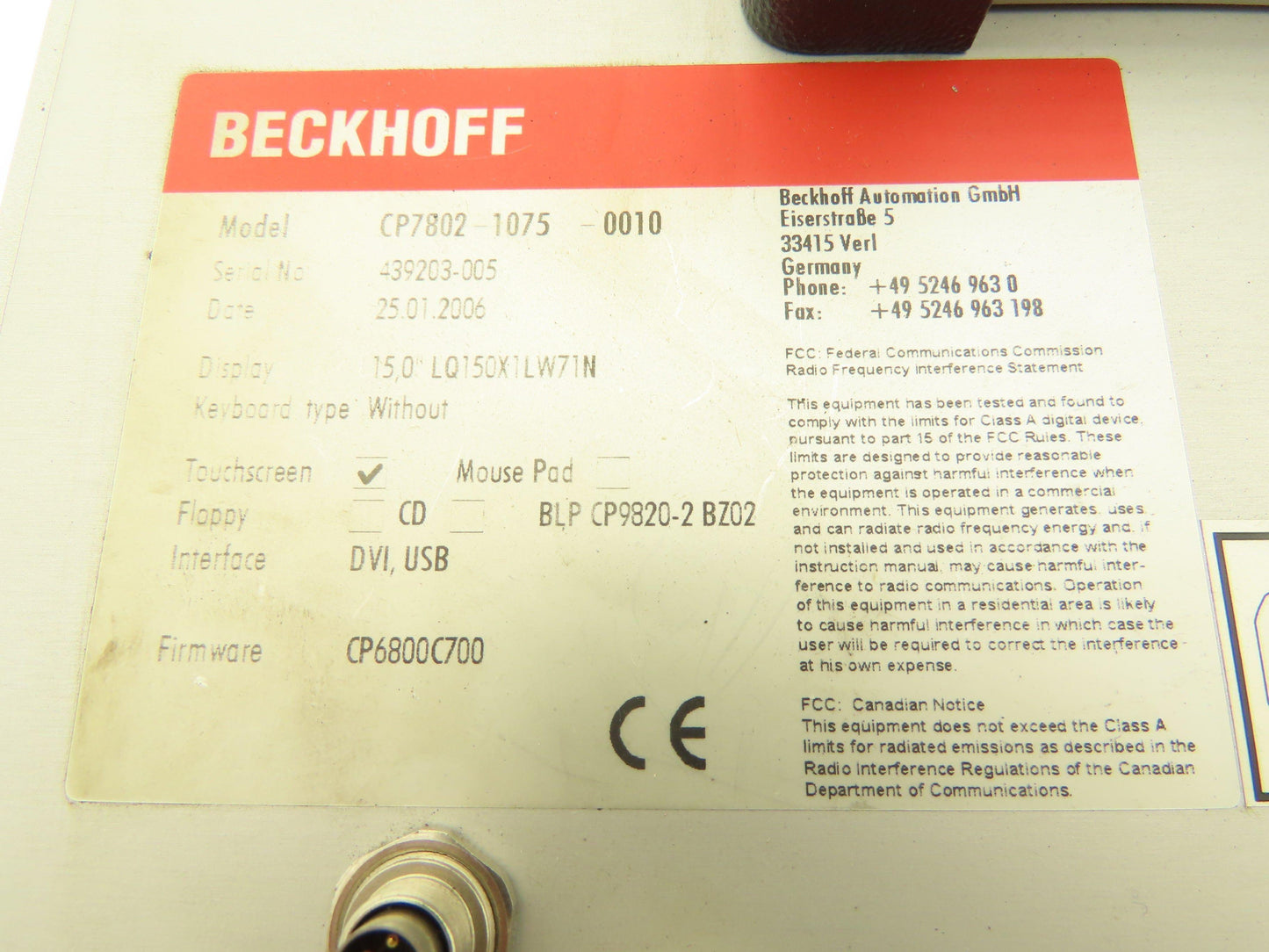 Beckhoff CP7802-1075-0010 Touch Screen Control Panel Firmware CP6800C700