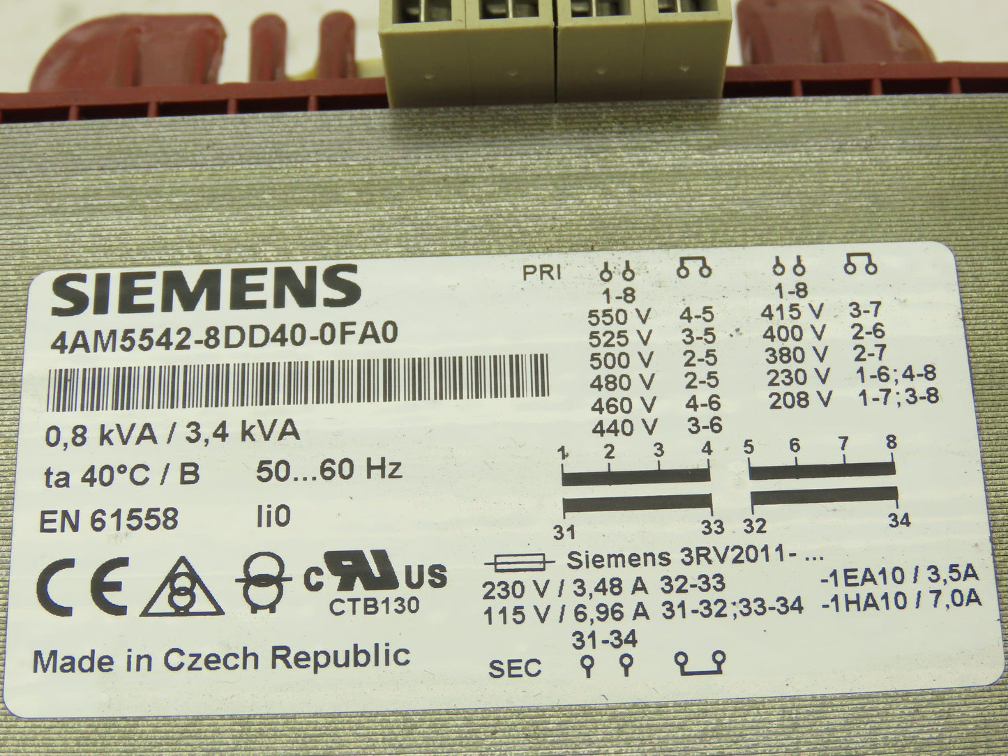 Siemens 4AM5542-8DD40-0FA0 3.4 kVA Transformer 1PH Pri: 208-550V Sec: 2x 115V