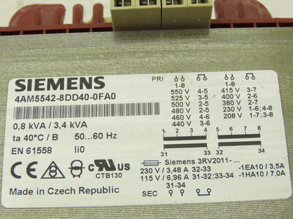 Siemens 4AM5542-8DD40-0FA0 3.4 kVA Transformer 1PH Pri: 208-550V Sec: 2x 115V
