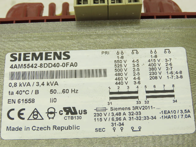 Siemens 4AM5542-8DD40-0FA0 3.4 kVA Transformer 1PH Pri: 208-550V Sec: 2x 115V