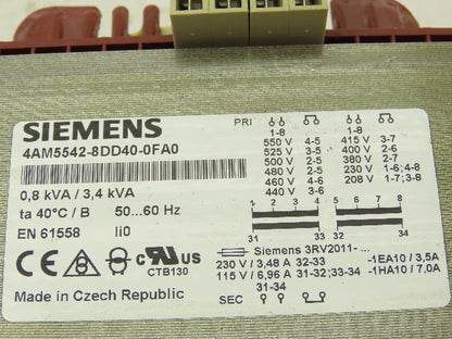 Siemens 4AM5542-8DD40-0FA0 3.4 kVA Transformer 1PH Pri: 208-550V Sec: 2x 115V