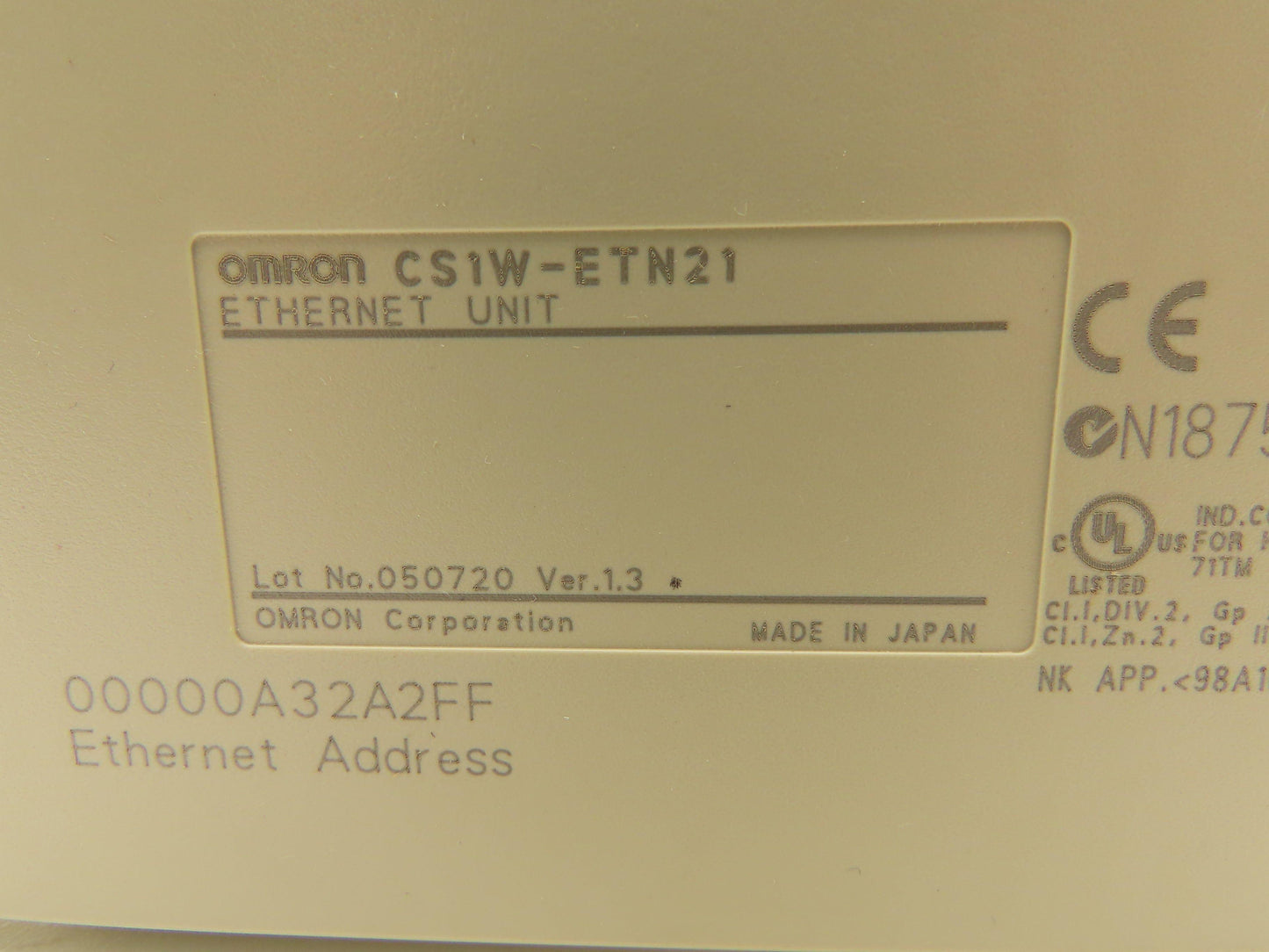 Omron CS1W-ETN21 Ver 1.3 Sysmac 100Base-TX Ethernet Unit