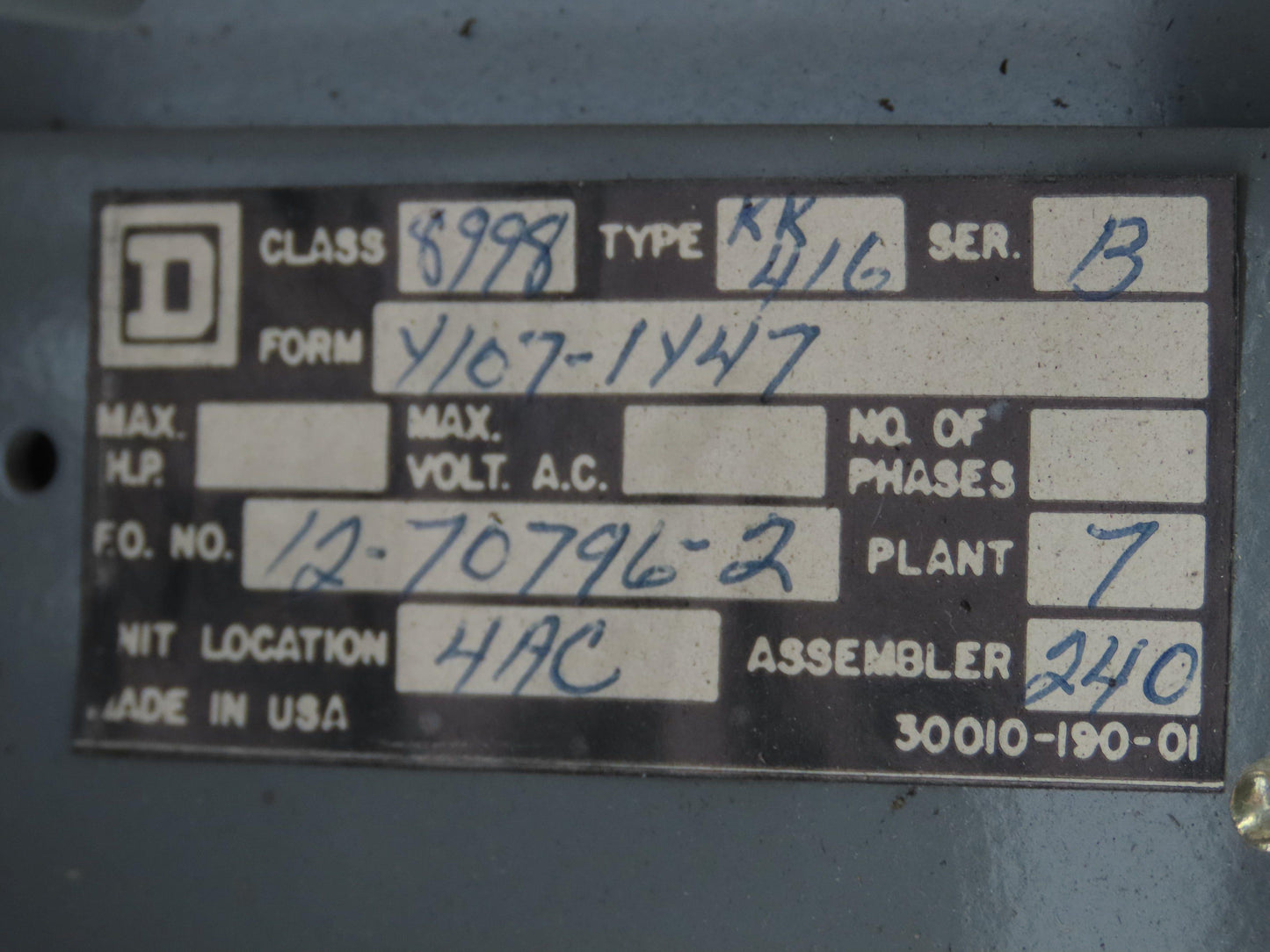 Square D 8998 MCC Bucket 60 Amp Dual Disconnect Switch 3 Pole 600V