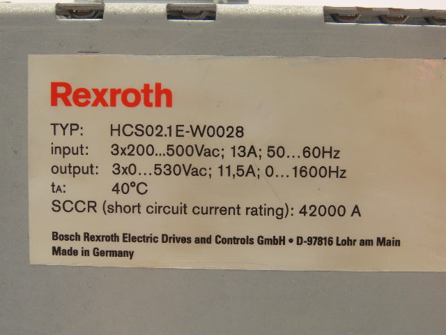 Rexroth HCS02.1E-W0028 IndraDrive C Servo Drive 3PH 200-500VAC 13A 530VAC 5A