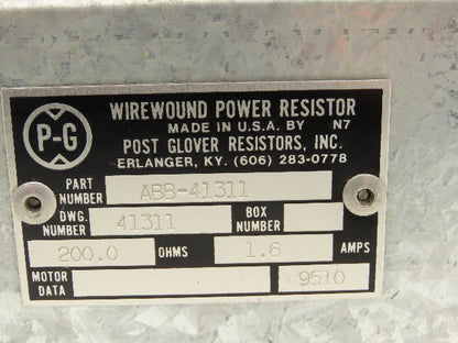 Post Glover ABB-41311 Braking Resistor 200 Ohm 1.6A 600W 11"