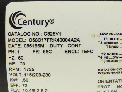 Century C828V1 AC Motor 3/4Hp 1725 RPM 115/208-230V 1PH 56C Pump Adapter