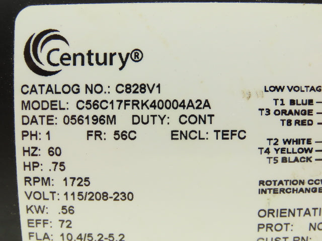 Century C828V1 AC Motor 3/4Hp 1725 RPM 115/208-230V 1PH 56C Pump Adapter