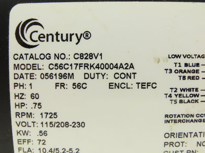 Century C828V1 AC Motor 3/4Hp 1725 RPM 115/208-230V 1PH 56C Pump Adapter
