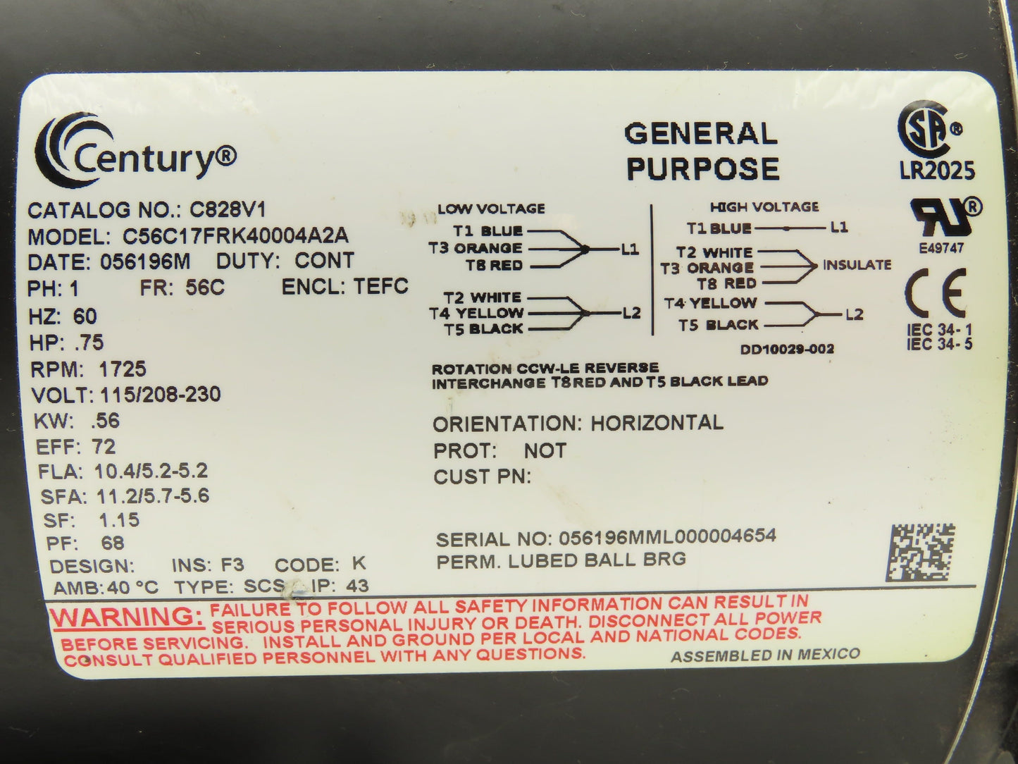 Century C828V1 AC Motor 3/4Hp 1725 RPM 115/208-230V 1PH 56C Pump Adapter