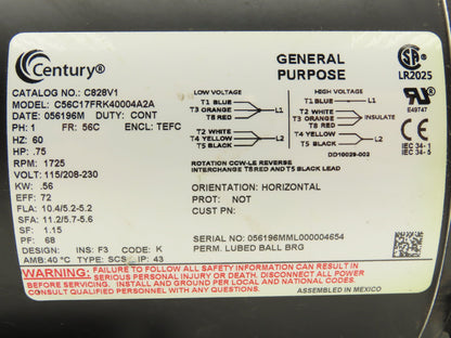 Century C828V1 AC Motor 3/4Hp 1725 RPM 115/208-230V 1PH 56C Pump Adapter