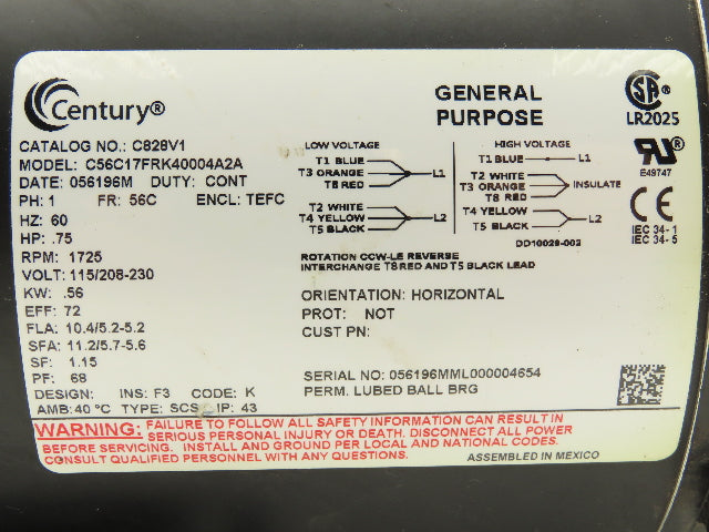 Century C828V1 AC Motor 3/4Hp 1725 RPM 115/208-230V 1PH 56C Pump Adapter