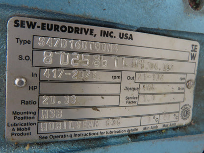 Sew Eurodrive S47 D16DT80N4 Variable Speed Gearmotor 1Hp 460V 3PH 21-102rpm 20:1