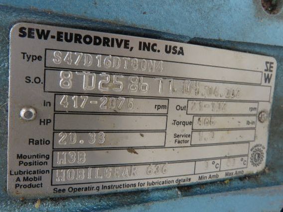 Sew Eurodrive S47 D16DT80N4 Variable Speed Gearmotor 1Hp 460V 3PH 21-102rpm 20:1