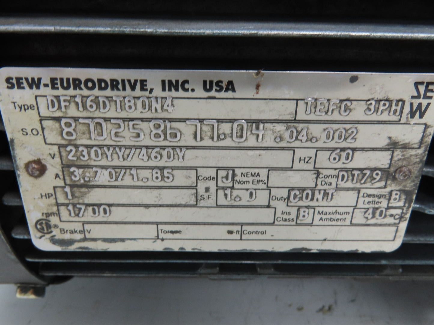 Sew Eurodrive S47 D16DT80N4 Variable Speed Gearmotor 1Hp 460V 3PH 21-102rpm 20:1