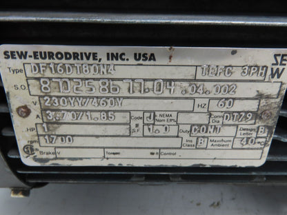 Sew Eurodrive S47 D16DT80N4 Variable Speed Gearmotor 1Hp 460V 3PH 21-102rpm 20:1