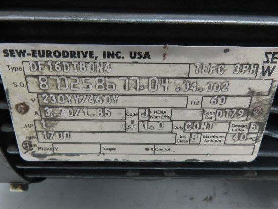 Sew Eurodrive S47 D16DT80N4 Variable Speed Gearmotor 1Hp 460V 3PH 21-102rpm 20:1