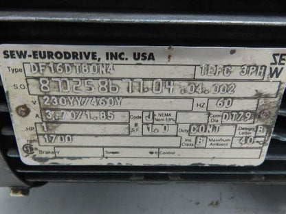 Sew Eurodrive S47 D16DT80N4 Variable Speed Gearmotor 1Hp 460V 3PH 21-102rpm 20:1
