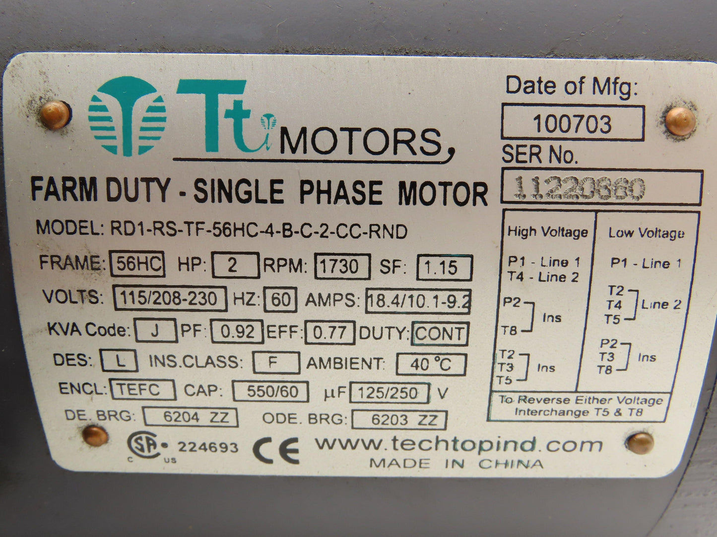 Techtop RD1-RS-TF-56HC-4-B-C-2-CC Farm Duty Motor 2Hp 1730 RPM 115/230V 1PH 56HC