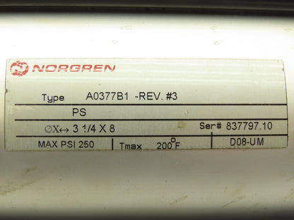Norgren A0377B1 Pneumatic Air Cylinder 3.25" Bore 8" Stroke 250 PSI Flange Mt
