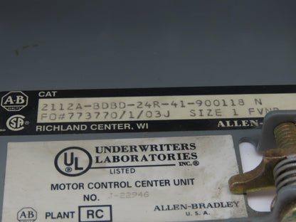 Allen Bradley 2112A-BDBD MCC Bucket Motor Starter 10Hp Size 1 NEMA 3 Pole 600V
