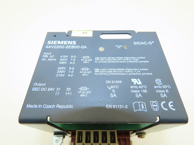 Siemens 4AV2200-2EB00-0A SIDAC-S Power Supply 24VDC Out 215-415VAC In
