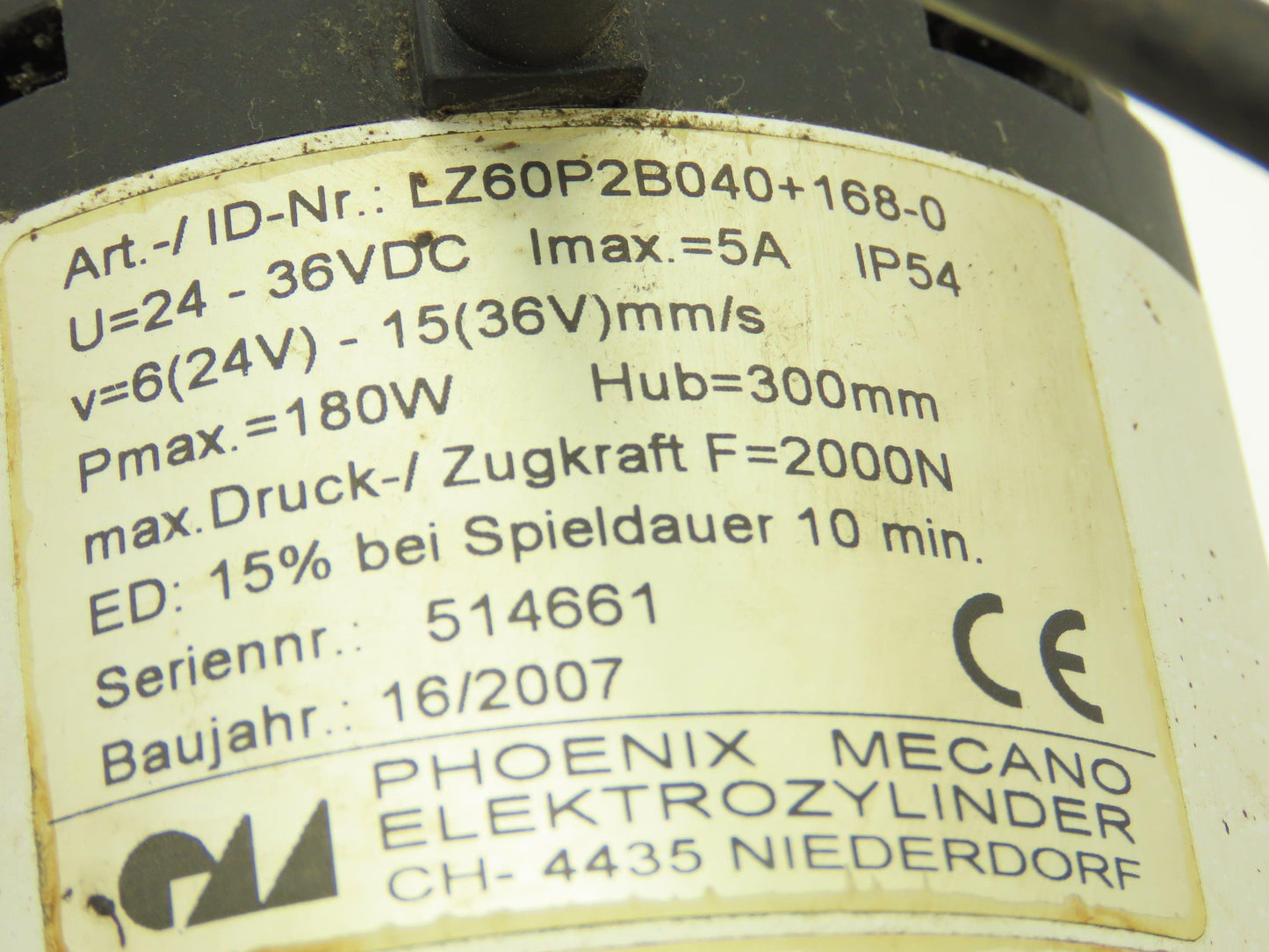 Phoenix Mecano LZ60P2B040+168-0 Electric Cylinder Actuator 300mm Stroke 24-36VDC