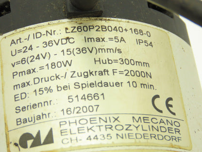 Phoenix Mecano LZ60P2B040+168-0 Electric Cylinder Actuator 300mm Stroke 24-36VDC